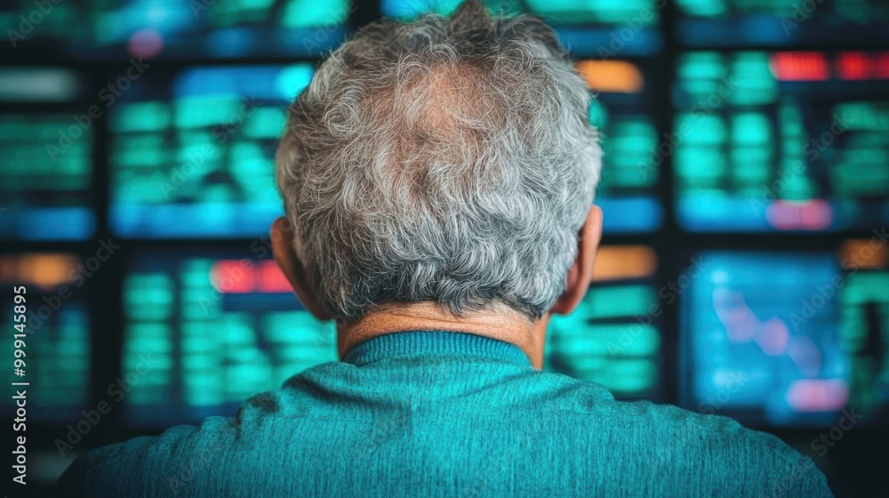 Poster a trader reviews stock market data intently, observing trends and fluctuations displayed on screens