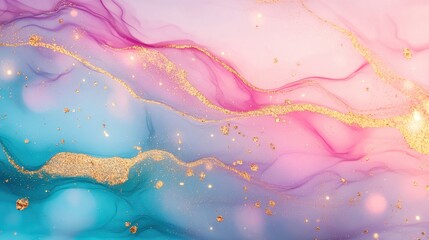 This artwork showcases vibrant liquid colors blending seamlessly, adorned with striking gold flecks for added elegance