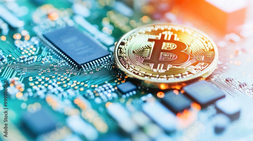 Poster a golden bitcoin on a circuit board symbolizes the fusion of finance and technology in the digital a