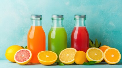 Vibrant lemon and grapefruit slices surround bottles filled with fresh citrus juices in a bright kitchen setting