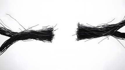 A black rope is frayed and broken in two pieces against a white background.