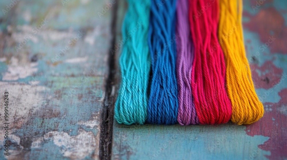 Poster an array of assorted embroidery threads in vibrant hues rests on a rustic surface, showcasing colors