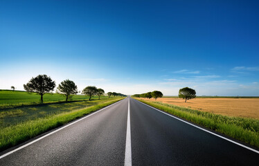 Camino recto en perspectiva en día soleado. Sensación de libertad. Viajes y turismo. Ilustración IA generativa