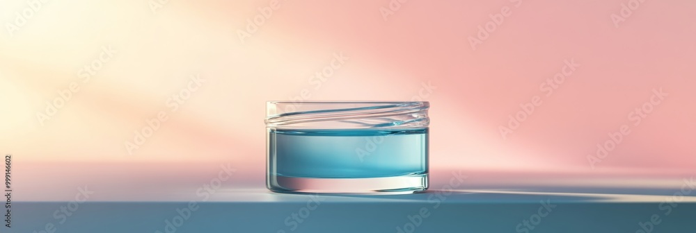 Poster a chic rendering of a hydration gel in a clear jar, showcasing its vibrant color and smooth texture.