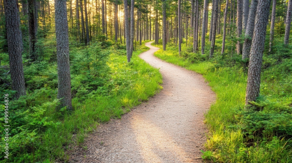 Aufkleber the winding forest path invites exploration as soft sunlight filters through tall trees, creating a 