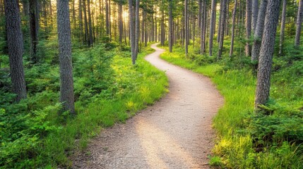 Fototapeta premium The winding forest path invites exploration as soft sunlight filters through tall trees, creating a serene atmosphere
