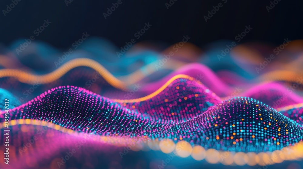 Poster vibrant waves of color and light depict abstract ai technology, symbolizing digital data in a captiv