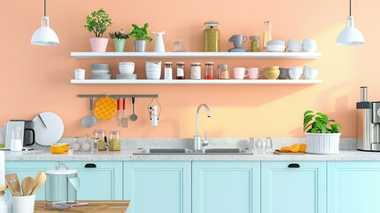 Modern Kitchen Interior with Open Shelves, Blue Cabinets, and a Sink