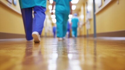 Healthcare workers in scrubs navigate a bustling hospital corridor, attending to patients and coordinating care throughout the facility