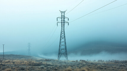 Tall electrical towers stand amidst a foggy, desolate landscape with rugged terrain and sparse vegetation.