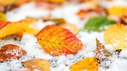 Bright orange and yellow autumn leaves lie on a blanket of fresh snow, illustrating the contrast between the warm and cold seasons