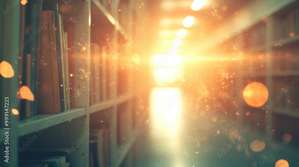 Poster soft light fills a library, creating a tranquil atmosphere as shelves lined with books fade into a d