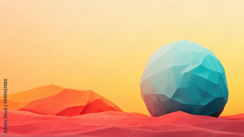 Poster an abstract geometric sphere rests on colorful terrain as warm hues create a tranquil atmosphere at 