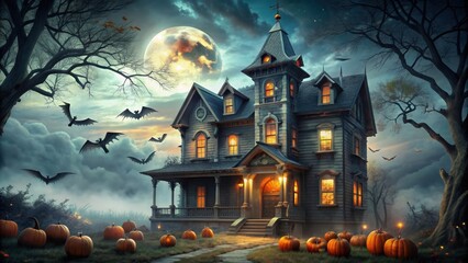 Spooky Halloween decorations in a haunted house , Halloween, spooky, decorations, haunted house, pumpkins, ghosts