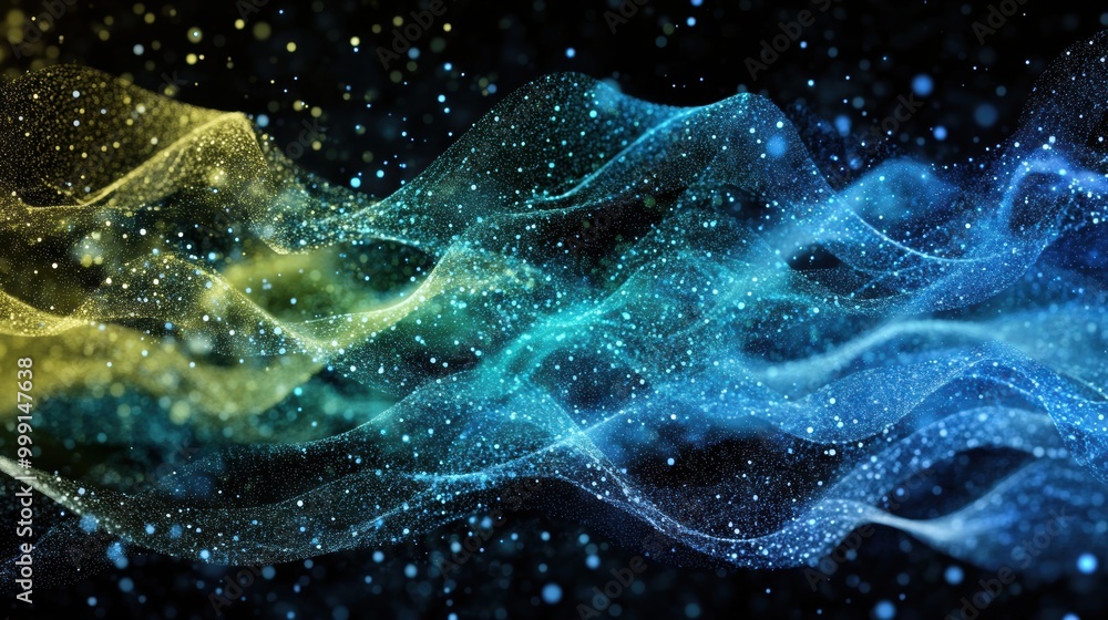 Poster colorful wave particles create a dynamic visual display, blending shades of blue and green in an abs