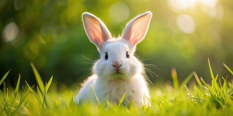 Obraz premium Playful bunny with fluffy white fur, long ears, and a twitching nose in a grassy field, rabbit, cute, fluffy, animal, pet, furry