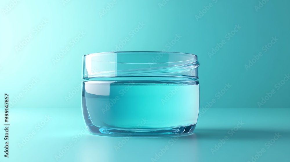 Poster a realistic 3d representation of a hydrating gel in a clear jar, showcasing its smooth texture and v