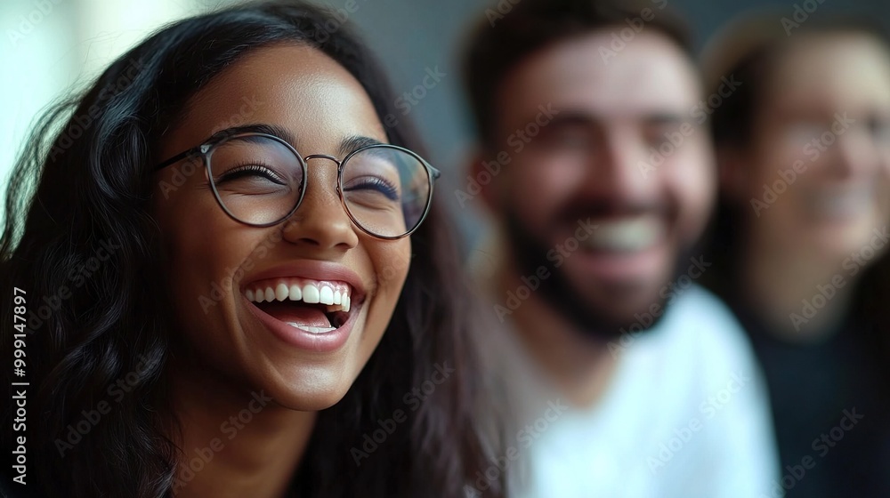 Sticker Happy Woman Smiling with Friends in a Relaxed Setting