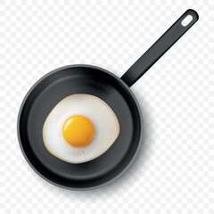 Vector 3d Realistic Fried Egg in the Black Frying Pan, Closeup Isolated, Top View. Design Template of Scrambled Eggs, Fried Egg, Omelette. Delicious Breakfast, Food, Culinary Concept