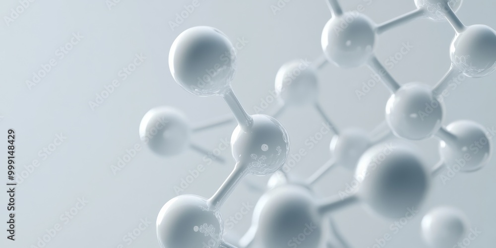 Poster a sleek three-dimensional rendering of a molecular structure, symbolizing the science behind skincar