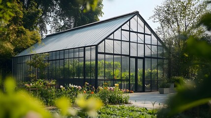 Obraz premium A large glass greenhouse with a black frame and a door stands in a garden surrounded by leafy plants and flowers.