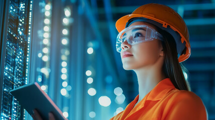 A focused Asian woman in server room meticulously examines data on tablet, showcasing her dedication and expertise in technology