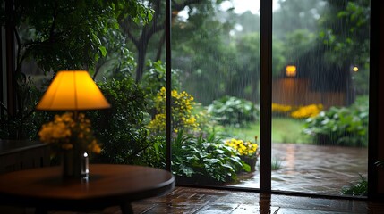 A lamp glows on a table near a window as rain falls outside, creating a cozy atmosphere.