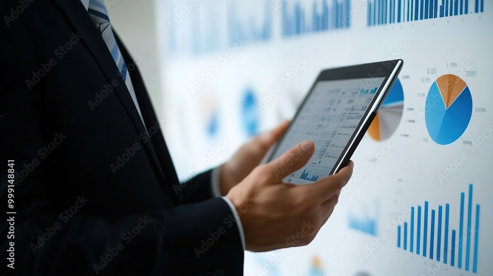 Poster businessman using tablet with data charts