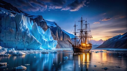 Obraz premium Historical ship navigating icy waters near towering glaciers at night, ship, historical, icy waters, glaciers, night