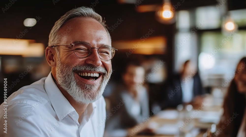 Canvas Prints Happy Man Smiling in Cozy Cafe Setting