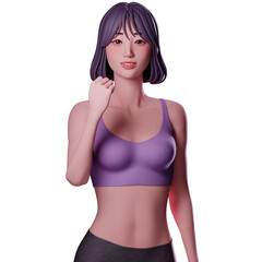 Fototapeta premium portrait, half body of beauty sport girl in sport wear celebrating with hooray pose, fist with left hand, 3D character render