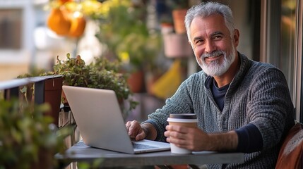 Smiling Senior Man Working on Laptop Outdoors