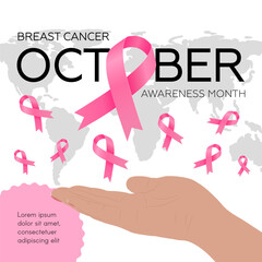 Breast Cancer Awareness Month banner. Woman palm, pink ribbons, space for text. Vector flat illustration.