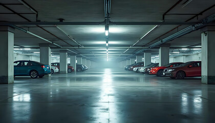 Empty parking garage with cars.