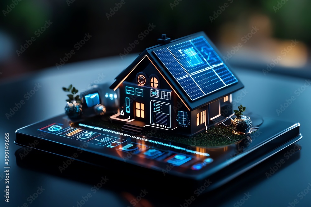 Poster Hyper-realistic smart home energy system, showing real-time data on energy savings from efficient appliances and solar panels, with detailed screen graphics