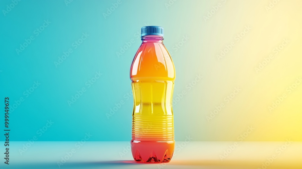 Poster a vibrant three-dimensional representation of a refreshing drink bottle, showcasing its colorful des