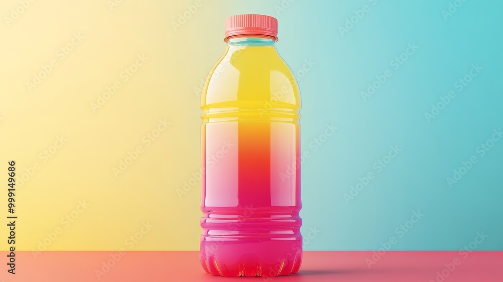 Poster a vibrant three-dimensional representation of a refreshing drink bottle, showcasing its colorful des
