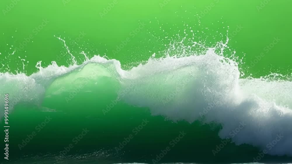 Poster powerful ocean waves crashing and creating white foam on a green screen background, perfect for comp