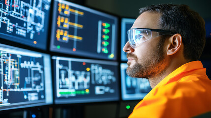 A focused engineer wearing safety glasses intently analyzes data on multiple screens, showcasing high tech environment. His concentration reflects importance of precision in engineering tasks