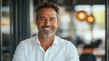 Obraz premium Confident Businessman Smiling in Modern Workspace
