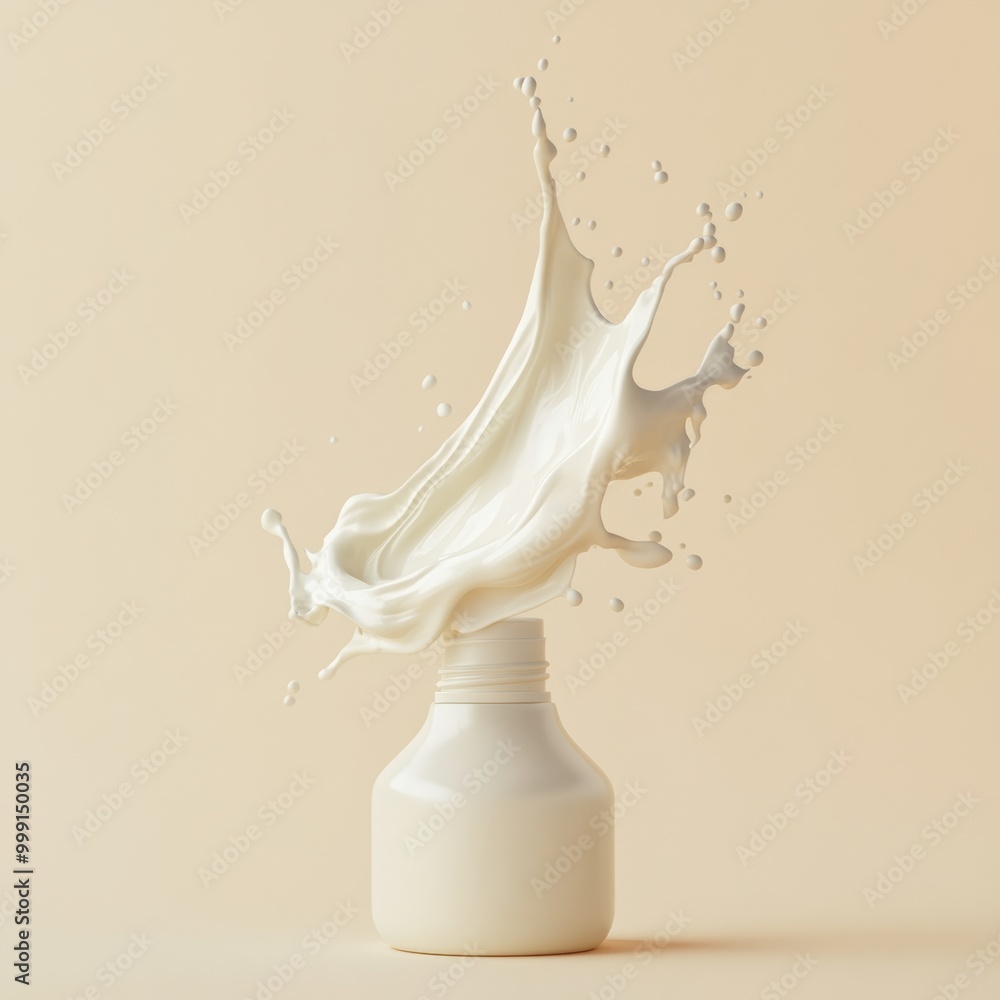 Poster an artistic representation of a creamy lotion being poured from a stylish bottle, creating a dynamic