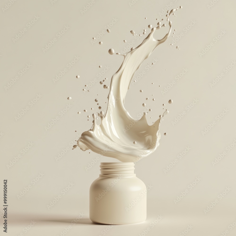Poster an artistic representation of a creamy lotion being poured from a stylish bottle, creating a dynamic