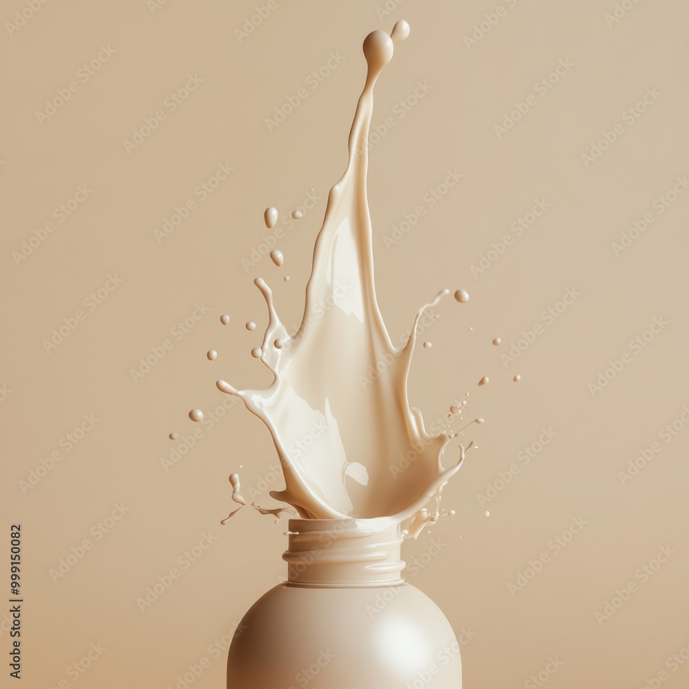 Poster an artistic representation of a creamy lotion being poured from a stylish bottle, creating a dynamic