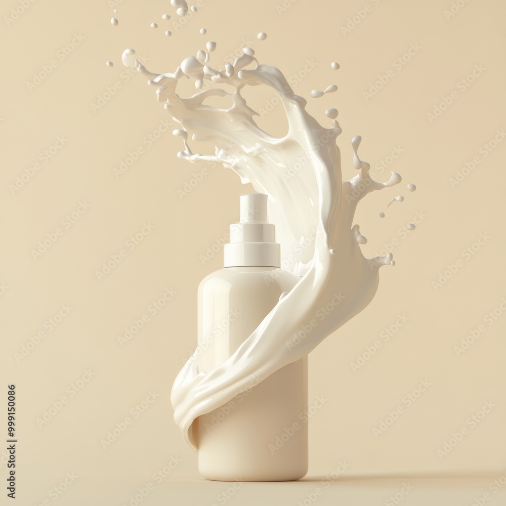 Poster an artistic representation of a creamy lotion being poured from a stylish bottle, creating a dynamic