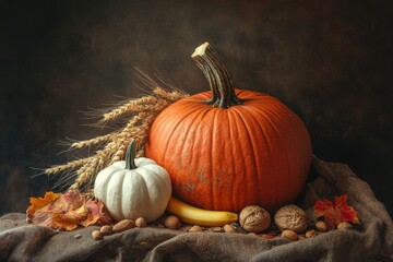 Autumn harvest still life with pumpkins, wheat, and nuts