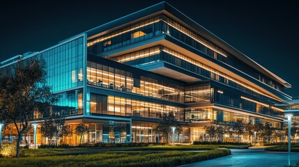 Modern Corporate Building at Night with Vibrant Lights