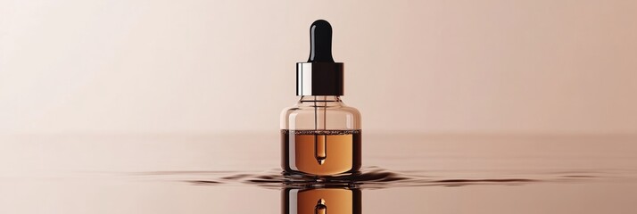 An elegant dropper filled with a nourishing serum, suspended above a clean surface, creating a beautiful reflection. The dropper highlights the purity and effectiveness of the product