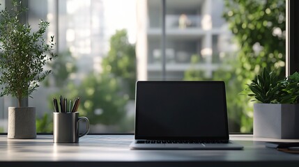 Modern Workspace with Plants and Laptop