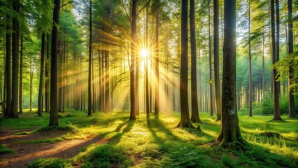 Fototapeta premium Serene background of a peaceful forest with sunlight filtering through the trees, nature, trees, sunlight, peaceful