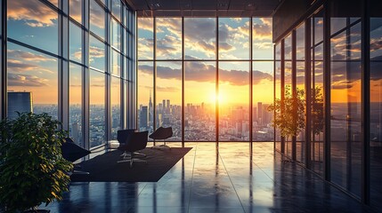 Modern Office Interior with City Sunset View